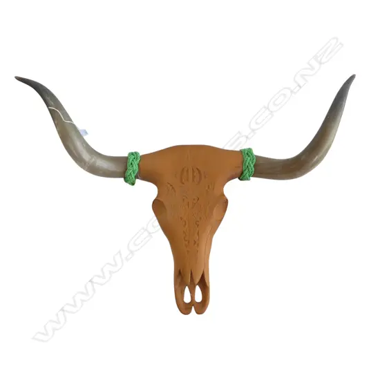 CARVED WOODEN HORNED COW SKULL 680x875mm