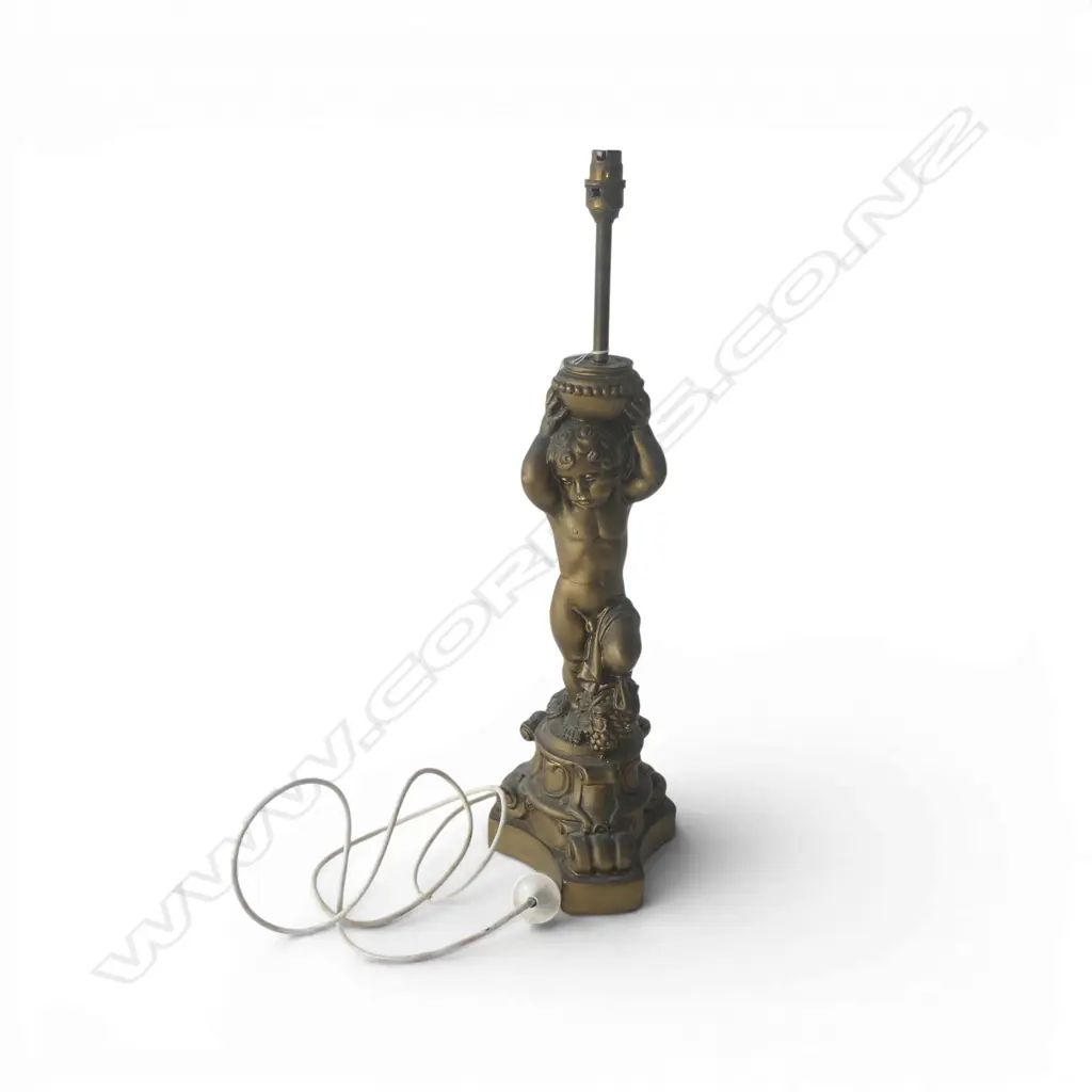 VINTAGE CAST PLASTER GILT CHERUB TABLE LAMP H640MM Image 1++