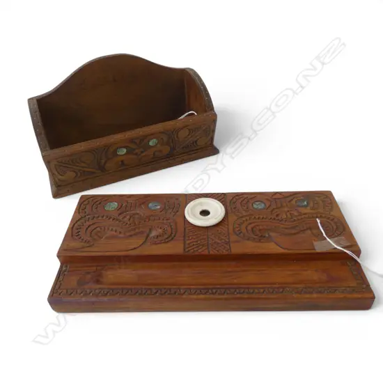 CARVED MAORI INKWELL & LETTER HOLDER W.305mm