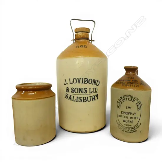 3 PCES OF STONEWARE; 2 FLAGONS & JAR H.460mm