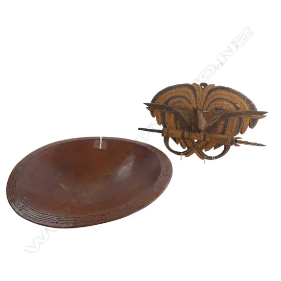 PAPUA NEW GUINEA BIRD of PARADISE, wall hanging & CARVED BOWL w DECORATIVE RIM, Dia.360mm