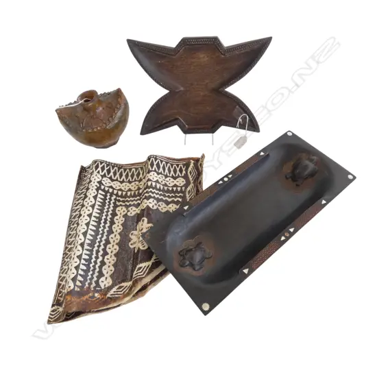 2 FIJIAN CARVED HARDWOOD DISHES 1 w MOP INLAY, ROUND TAPA CLOTH & ETHNIC EARTHERNWARE POT