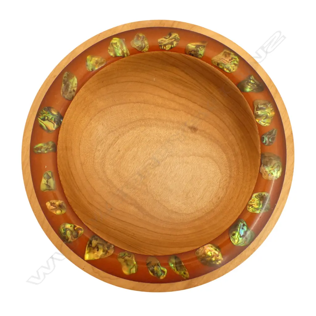 2 WOOD TURNED TOTARA PAUA INLAID BOWLS BY KEN CURNOW DIA 260 & 230MM Image 1++