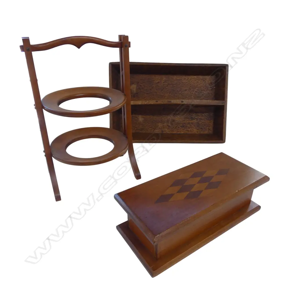 3 NZ WOOD PIECES + CUTLERY BOX TRAY + inlaid patterned top glove box + kauri plate stand Image 1++