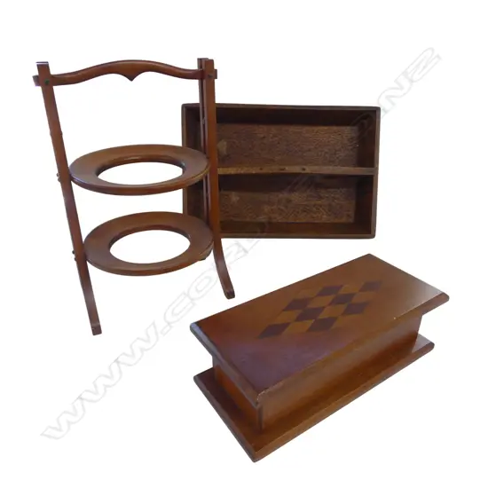 3 NZ WOOD PIECES + CUTLERY BOX TRAY + inlaid patterned top glove box + kauri plate stand