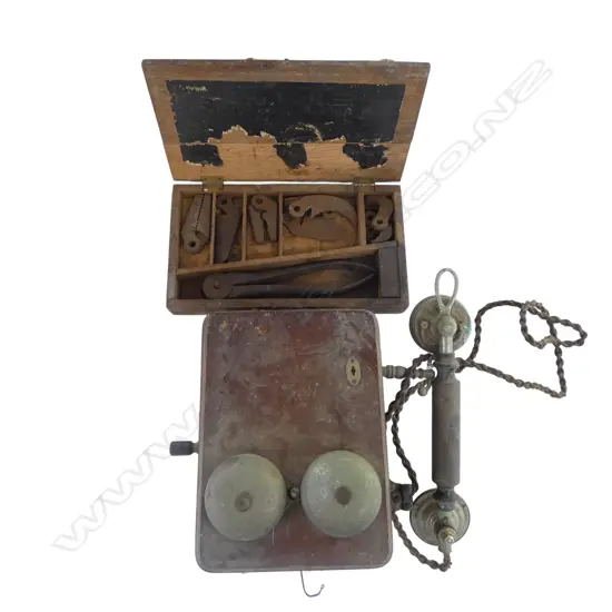 VINTAGE TELEPHONE H.265mm + BOX OF TOOLS