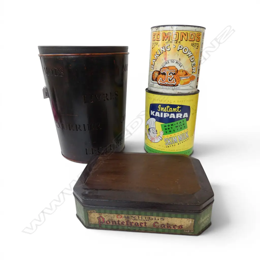 3 VINTAGE FOOD TINS + WASTE PAPER BIN H.325mm Image 1++