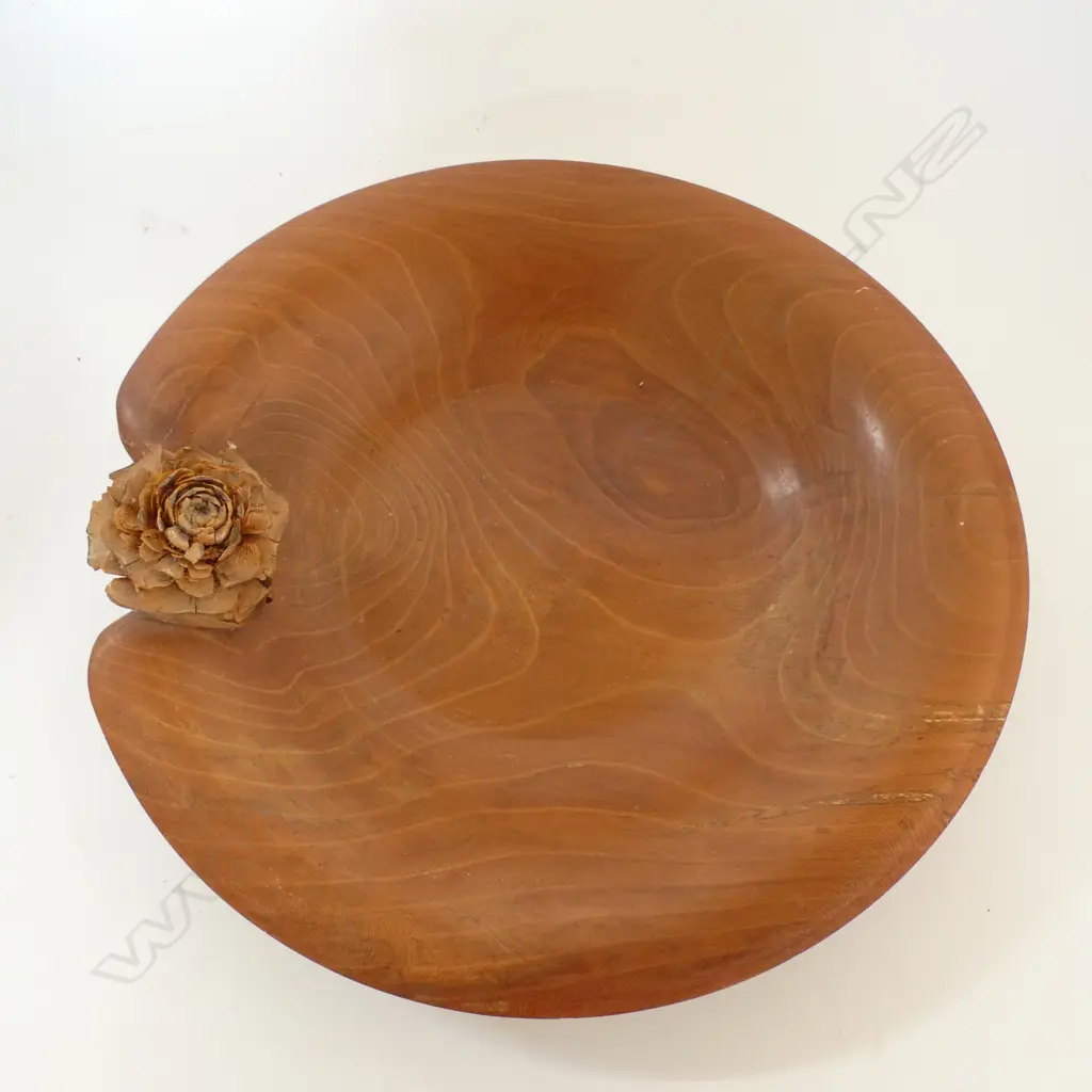 CARVED DEODAR WOOD ROSE ON FLOWERING CHERRY BOWL BY KEN CURNOW DIA360MM Image 1++