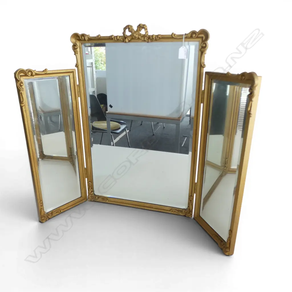 GILT BEVALLED GLASS 3 STAGE DRESSINGTABLE MIRROR H540 L890MM Image 1++
