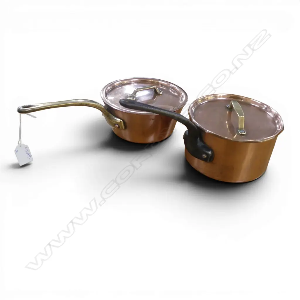 2 ST CLAIR LIDDED COPPER PANS 170mm dia Image 1++