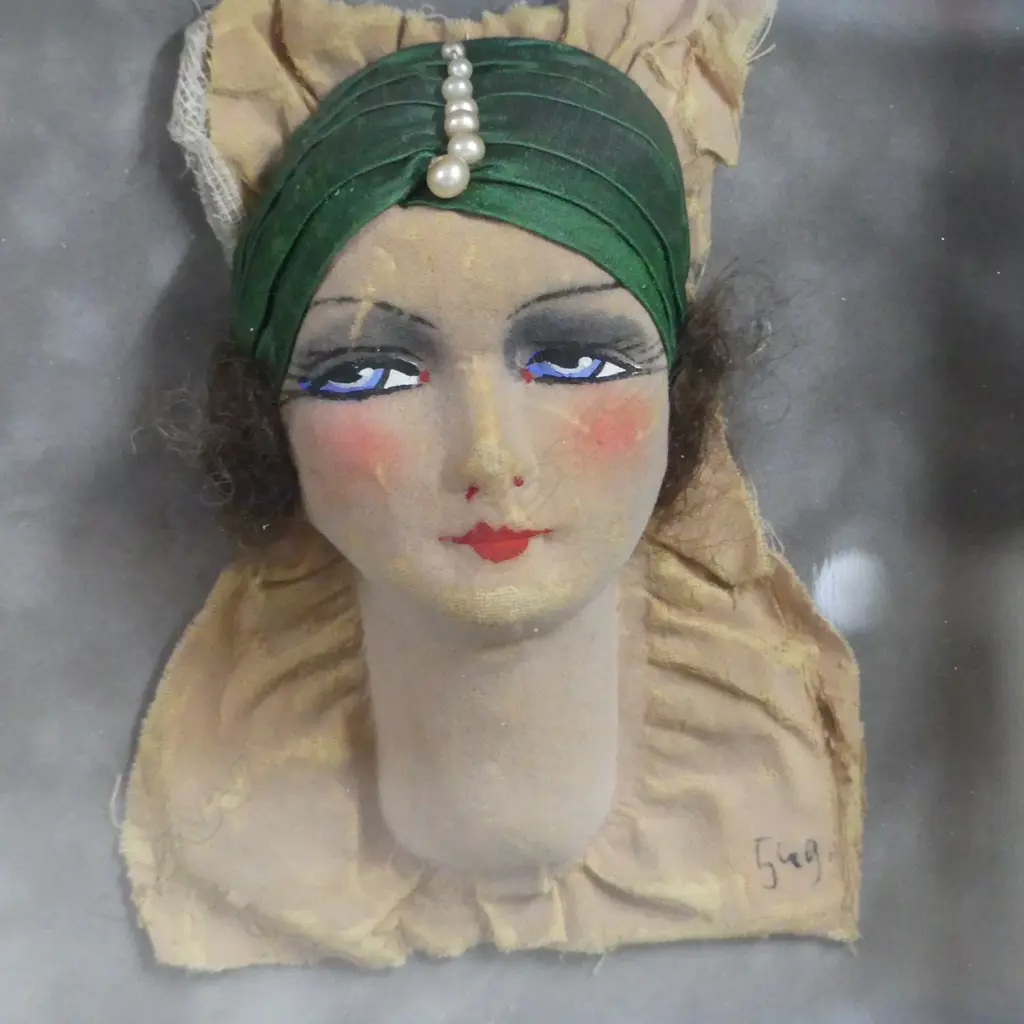 2 EARLY 20thC HAND-PAINTED DOLL MASK HEADS framed 290x410mm Image 1++