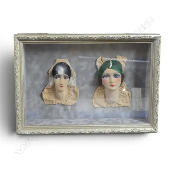 2 EARLY 20thC HAND-PAINTED DOLL MASK HEADS framed 290x410mm