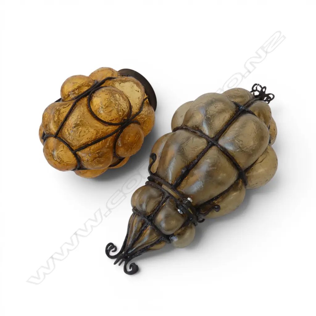 2 MODERN ANTIQUE STYLE CAGED GLASS PENDANT SHADES H.600mm approx. Image 1++
