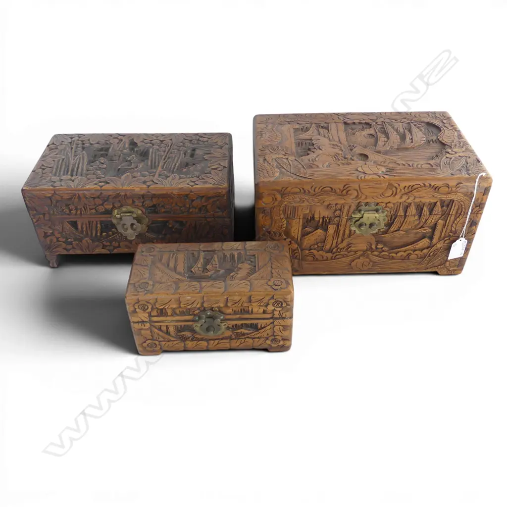 3 CARVED CAMPHOR BOXES, largest lid faults 305x195x170mm Image 1++