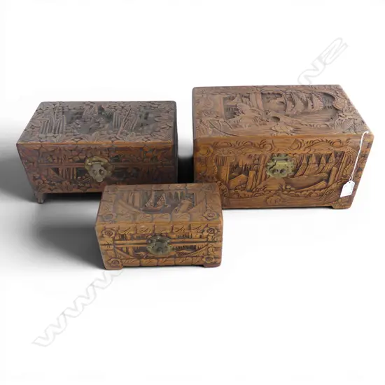 3 CARVED CAMPHOR BOXES, largest lid faults 305x195x170mm