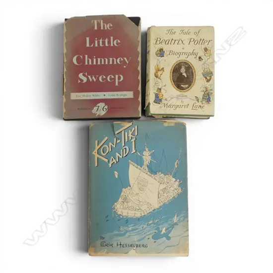 3 VINTAGE BOOKS, THE LITTLE CHIMNEY SWEEP SIGNED BY LOTTE REINGER, KON TIKI & I, BEATRIX POTTER BIOGRAPHY