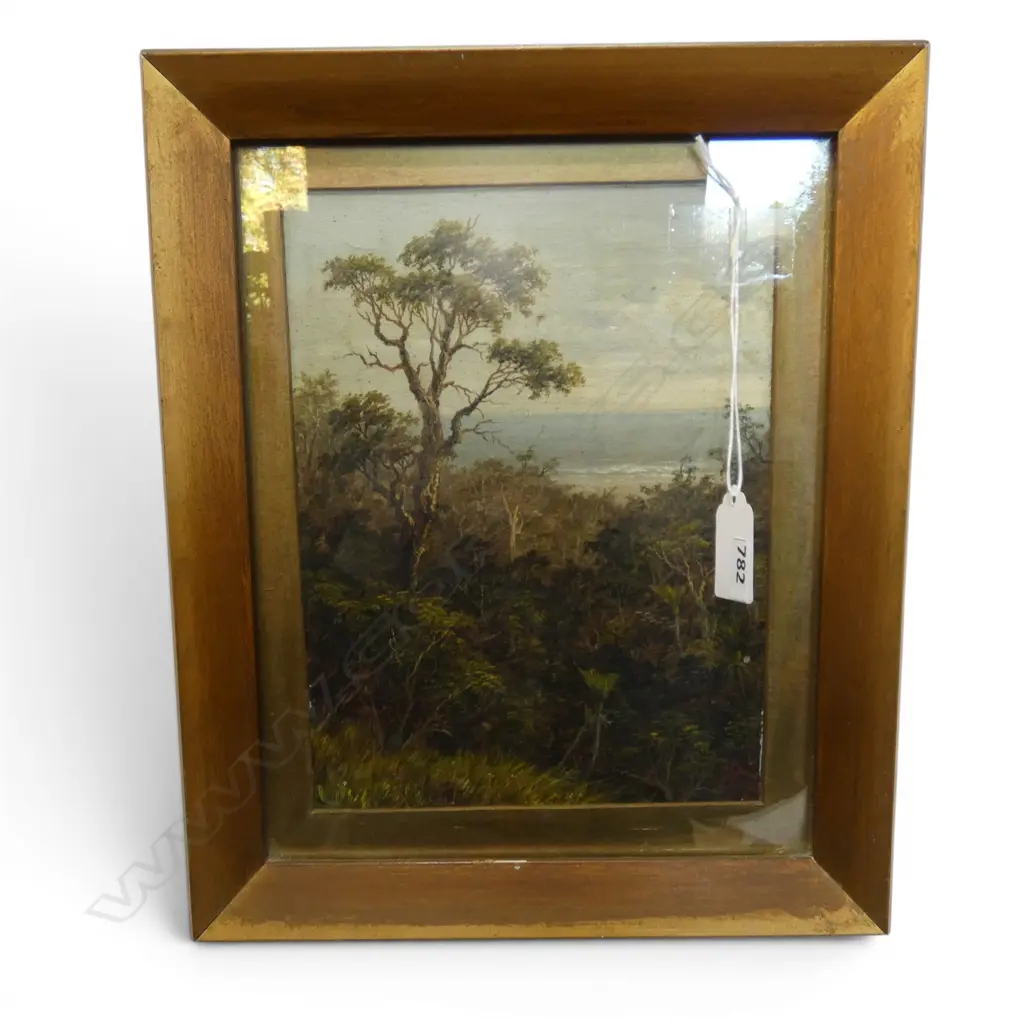 A. E. ALDIS 'A PEEP THROUGH THE BUSH, WEST COAST WAITAKEREI' OIL, INITIALED & DATED 1887 210x155mm  Image 1++