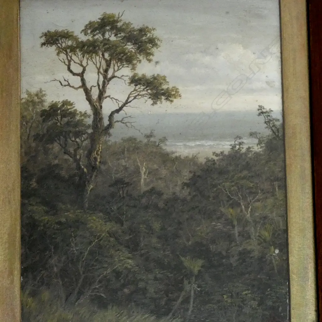 A. E. ALDIS 'A PEEP THROUGH THE BUSH, WEST COAST WAITAKEREI' OIL, INITIALED & DATED 1887 210x155mm  Image 1++