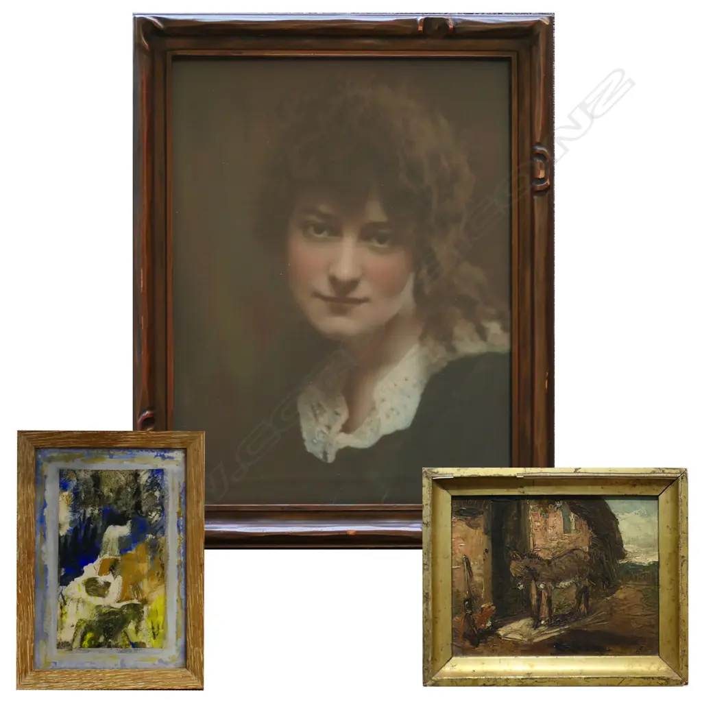 THREE ARTWORKS INCL. ASTRID MARY STEVEN ABSTRACT W/C, DONKEY AT DOORSTEP, EARLY 20TH C. HANDCOLOURED PHOTO Image 1++