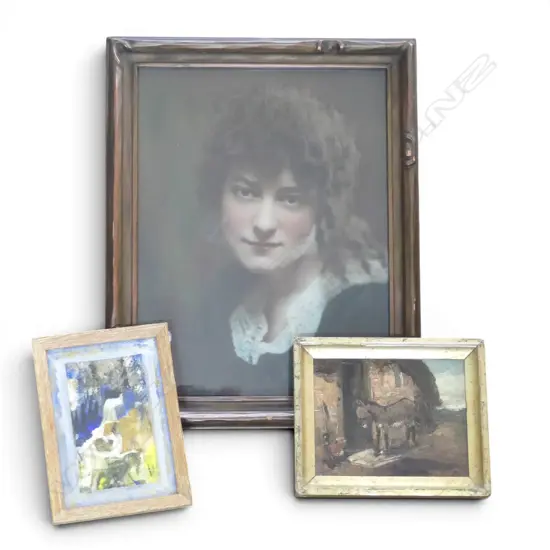 GRP THREE ARTWORKS INCL. ASTRID MARY STEVEN ABSTRACT W/C, DONKEY AT DOORSTEP, EARLY 20TH C. HANDCOLOURED PHOTO 