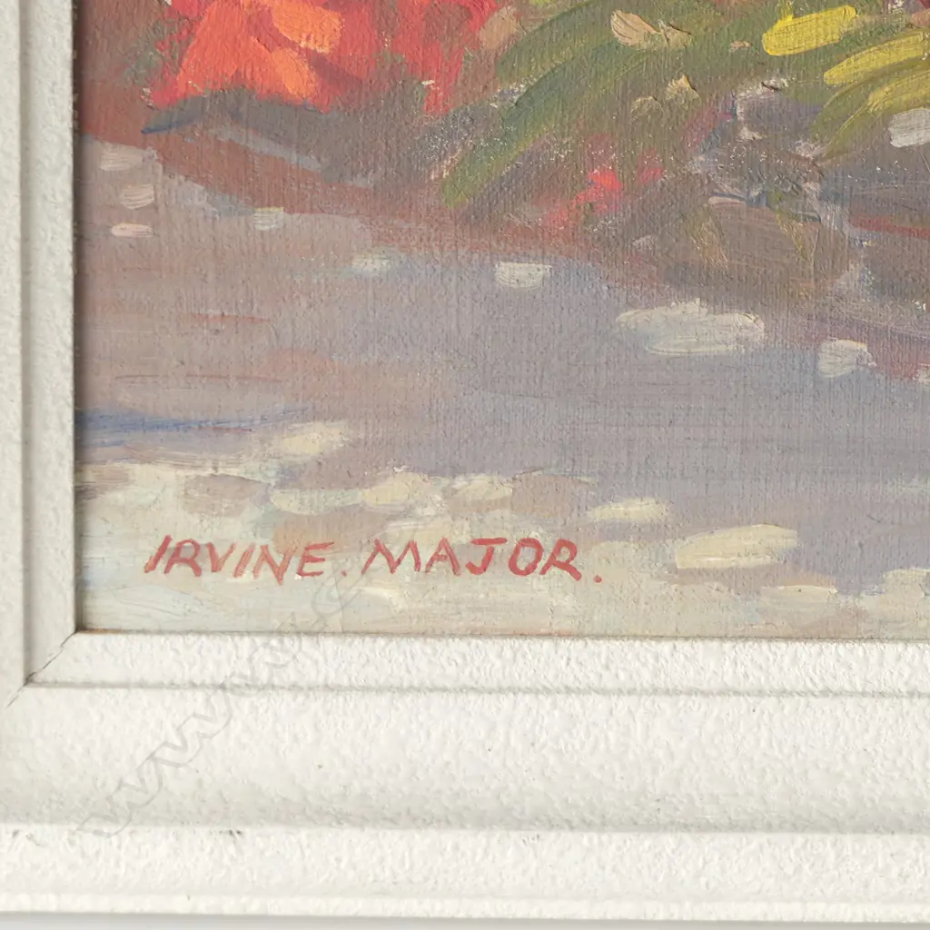 IRVINE MAJOR (1922–2000), FLOWERS IN LANDSCAPE, OIL ON CANVAS 545x445mm original white textured frame w. a little borer Image 1++