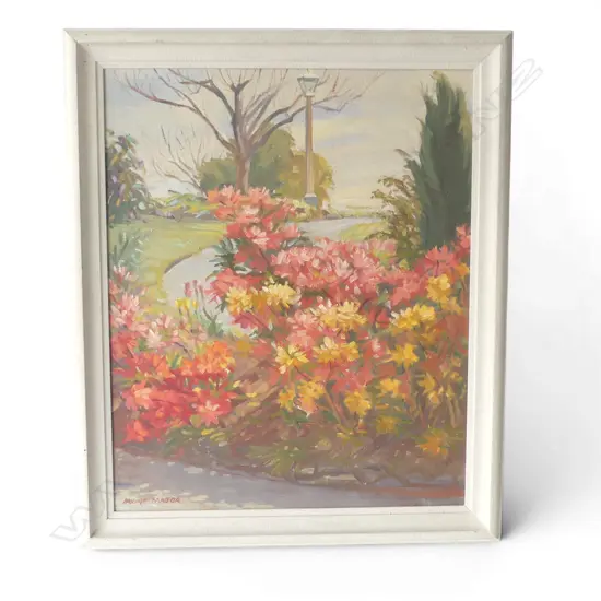 IRVINE MAJOR (1922–2000), FLOWERS IN LANDSCAPE, OIL ON CANVAS 545x445mm original white textured frame w. a little borer