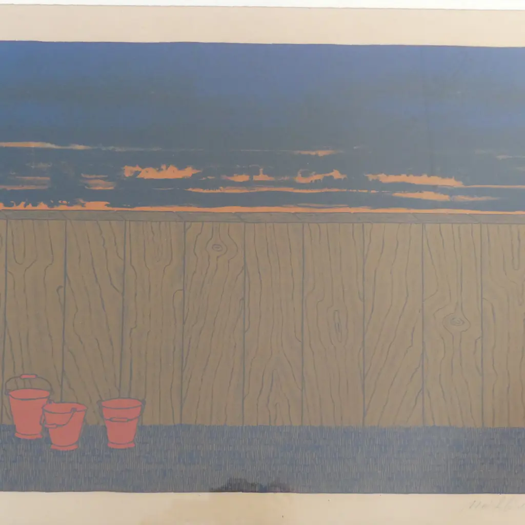 MARK BRUSSE (DUTCH b.1937) 'THREE BUCKETS FOR A FENCE' SILKSCREEN PRINT 104/190, SIGNED & DATED '73 530 x760mm Image 1++