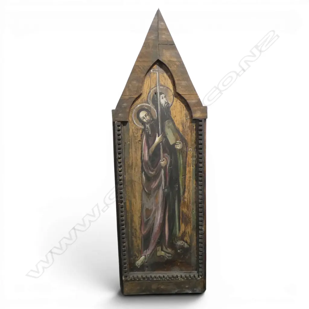 AN OLD RELIGOUS LARGE ICON PAINTED ON SLAB WOOD PANELS the two religious bearded figures w halos 1 cwith cross. H.1220mm Image 1++