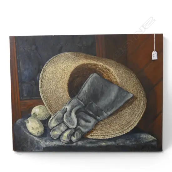 ROGER STAPLES, 'GLOVE, HAT, CHAIR AND POTATOS', SIGNED,  OIL ON CANVAS, SIGNED, 505 X 670mm