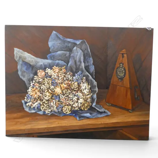 ROGER STAPLES, 'DRIED BOUQUET AND METRONOME' 1994, OIL ON CANVAS, SIGNED, 515 X 660mm