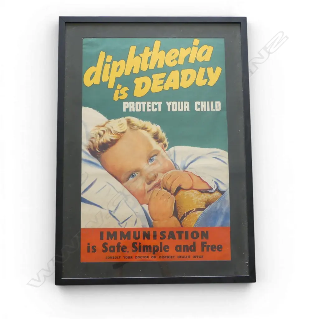 FRAMED VINTAGE POSTER 'DIPHTHERIA IS DEADLY' 730x470mm frame damaged Image 1++