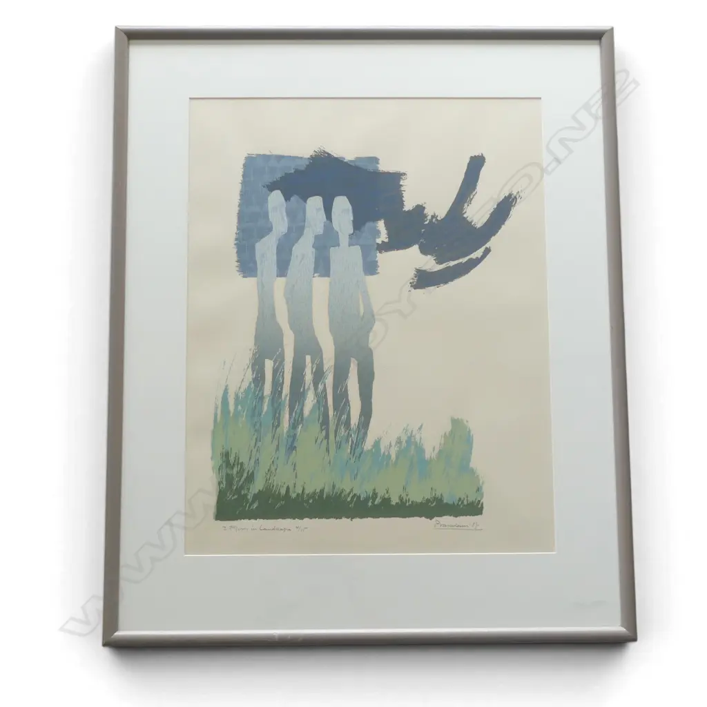 DEVA PRASADAM '3 FIGURES IN LANDSCAPE' SCREENPRINT 4/15 SIGNED & DATED '87 625x485mm  Image 1++