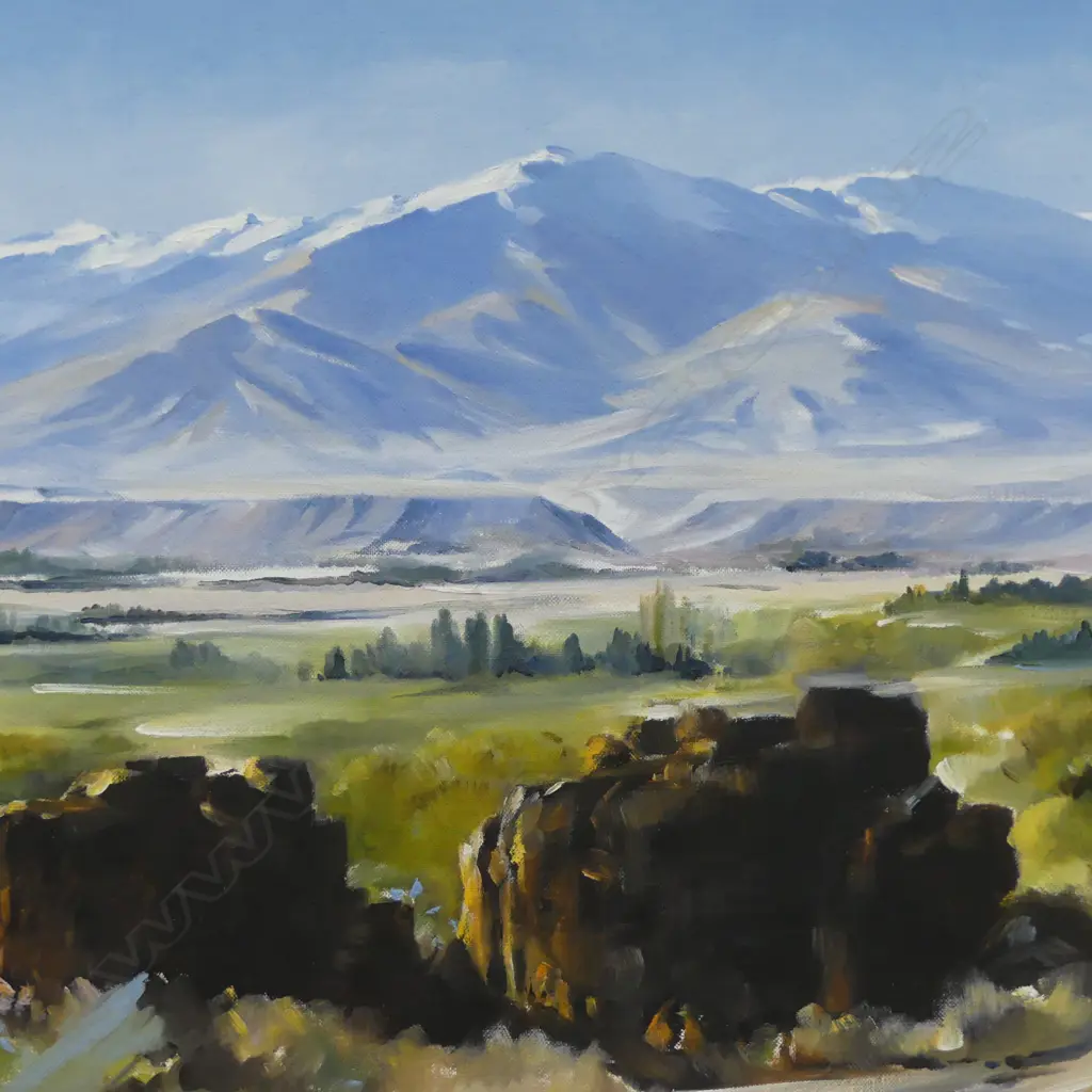 MAURICE BUCKLAND 'OLD HAYSTACKS - CLUTHA VALLEY' OIL ON BOARD, SIGNED & DATED '75 450x600mm Image 1++