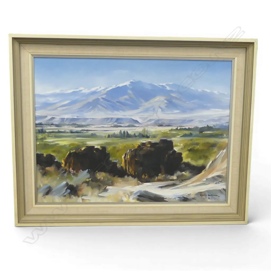 MAURICE BUCKLAND 'OLD HAYSTACKS - CLUTHA VALLEY' OIL ON BOARD, SIGNED & DATED '75 450x600mm Image 1++