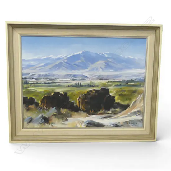 MAURICE BUCKLAND 'OLD HAYSTACKS - CLUTHA VALLEY' OIL ON BOARD, SIGNED & DATED '75 450x600mm