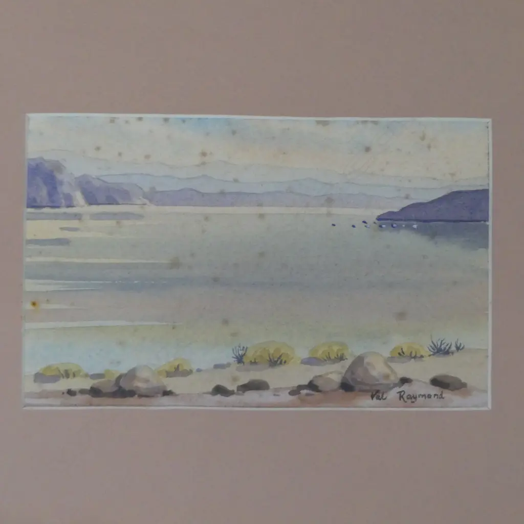 VAL RAYMOND, TRANQUIL EVENING LIGHT OVER LAKE TAUPO LOOKING TOWARDS THE WESTERN BAYS, WATERCOLOUR, foxed 105x165mm Image 1++