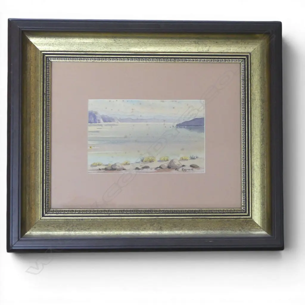 VAL RAYMOND, TRANQUIL EVENING LIGHT OVER LAKE TAUPO LOOKING TOWARDS THE WESTERN BAYS, WATERCOLOUR, foxed 105x165mm Image 1++