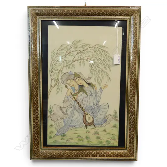 PERSIAN ARTWORK ON PANEL, SIGNED 415x250mm INLAID FRAME MINOR LOSSES