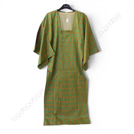 JAPANESE KIMONO STYLE HOUSECOAT, green & orange geometric design