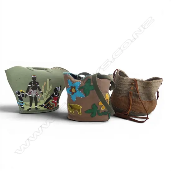 3 BAGS FELT SOUTHAFRICA  TOGETHER WITH A SISAL WOVEN KIONDO KENYA & CANVAS FELT BAG