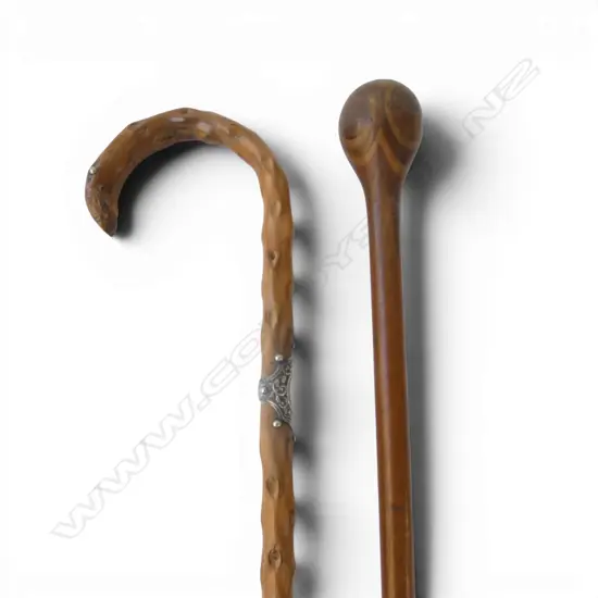 TWO EARLY 20thC WOODEN WALKING STICKS. 1 w segmented knob handle. 1 of briar or knobble wood stg fitting