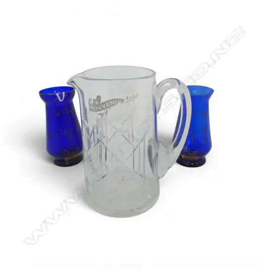 PR BRISTOL BLUE 1926 NZ EXHIBITION DUNEDIN VASES & 1907 NZ EXHBT. JUG, H.130MM-180MM