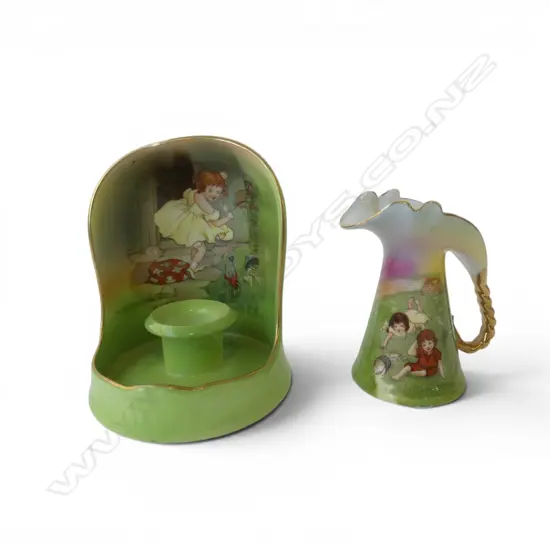 2 ROYAL BAYREAUTH PIECES: shielded chamberstick 'Little Miss Muffet' H.115mm + 'Jack & Jill' jug  