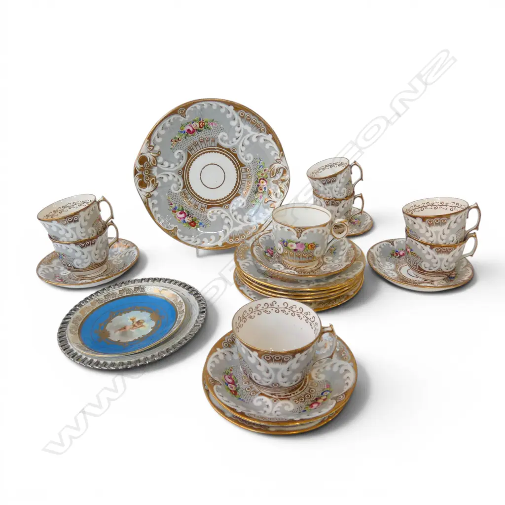 LATE VICTORIAN PART TEA SERVICE gilded & floral + Sevres cherub small plate + another plate Image 1++