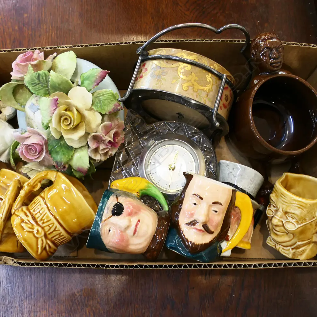 SMALL TRAY OF 6 CHARACTER JUGS  MUG CLOCK FLORAL ORN ETC Image 1++