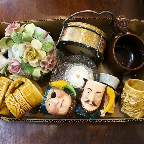 SMALL TRAY OF 6 CHARACTER JUGS  MUG CLOCK FLORAL ORN ETC