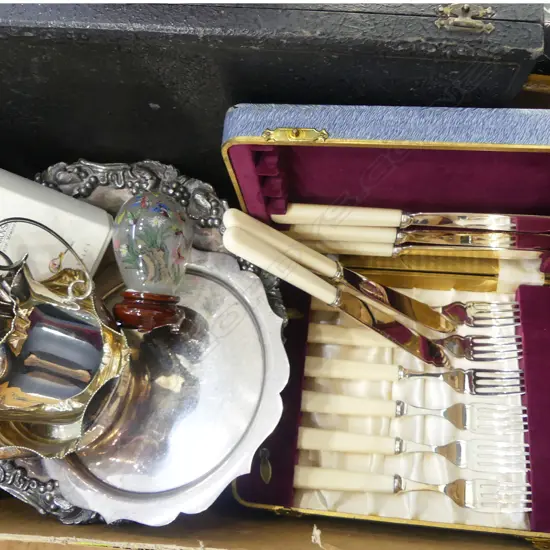 2 BOXED 6 SETTING IVORINE FISH KNIVES & FORKS & ASST. SILVER PLATE ETC