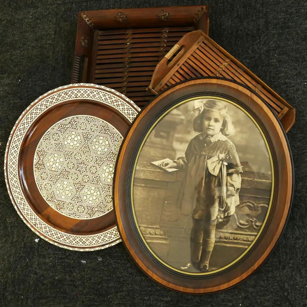 2 BAMBOO TRAYS, INLAID WOODEN PLATE, OVAL EARLY 20thC GIRL PORTRAIT PHOTO Image 1++