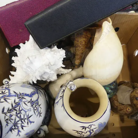 ASST. ITEMS; 2 FABRIC ANIMAL DOOR STOPS, TURTLE, CASED CUTLERY, SHELLS ETC