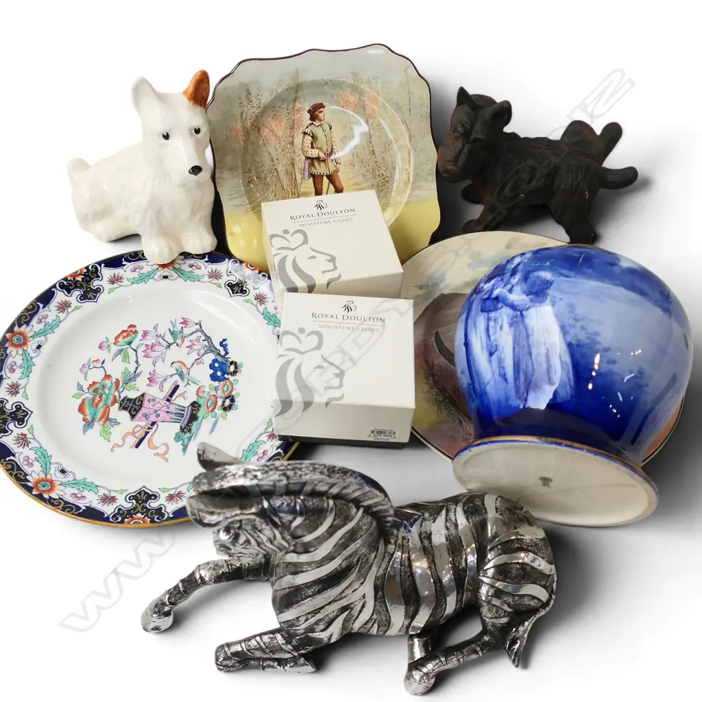 6 PCES ENGLISH CHINA; 3 PLATES, 2 MINI DOULTON LADIES, BLUE CHILDREN VASE AF, 2 SCOTTIE DOGS (BESWICK AF), RESIN ZEBRA Image 1++